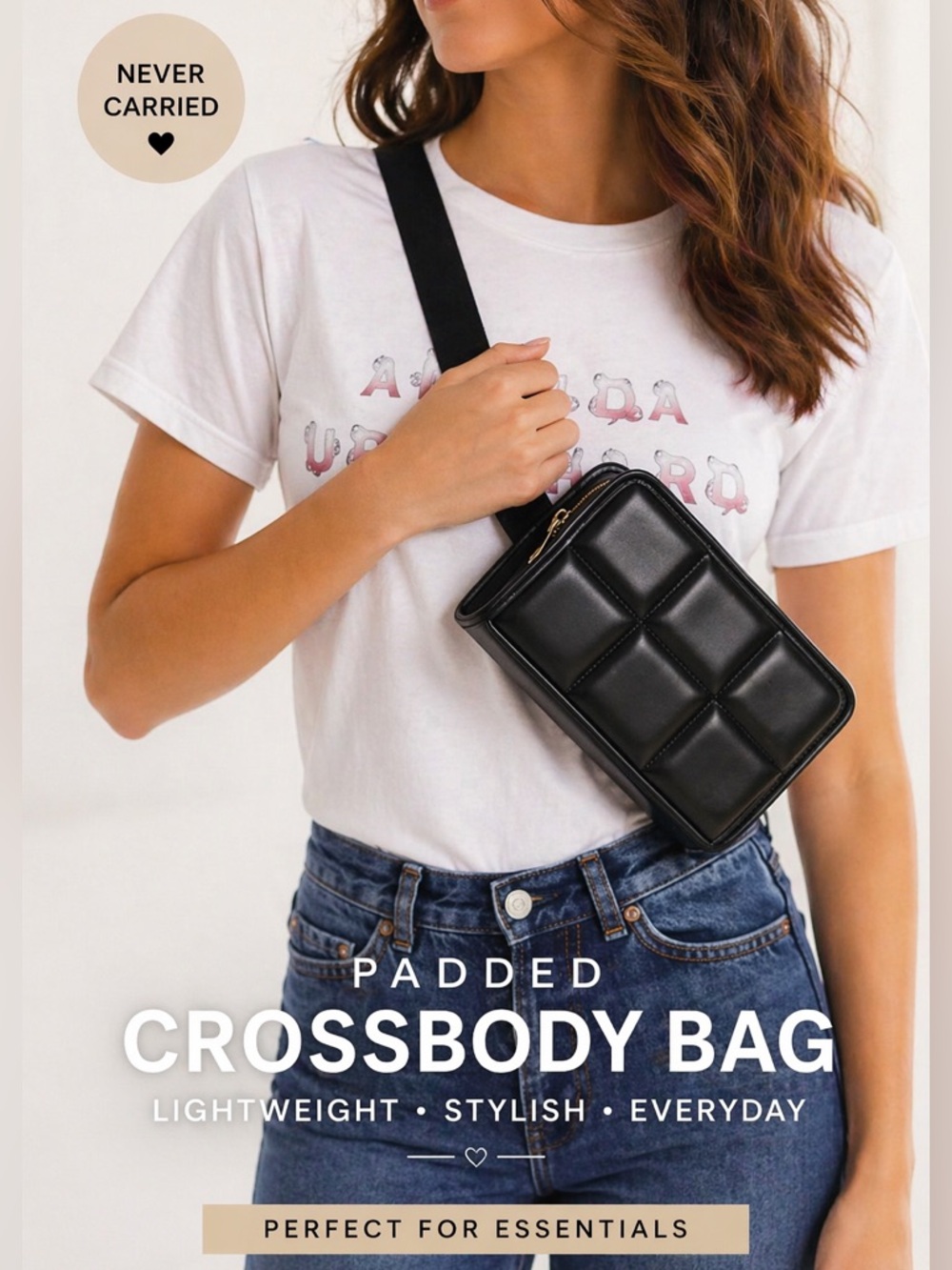 Black Padded Crossbody Bag | Minimal Quilted Look | Amanda Uprichard | Belt